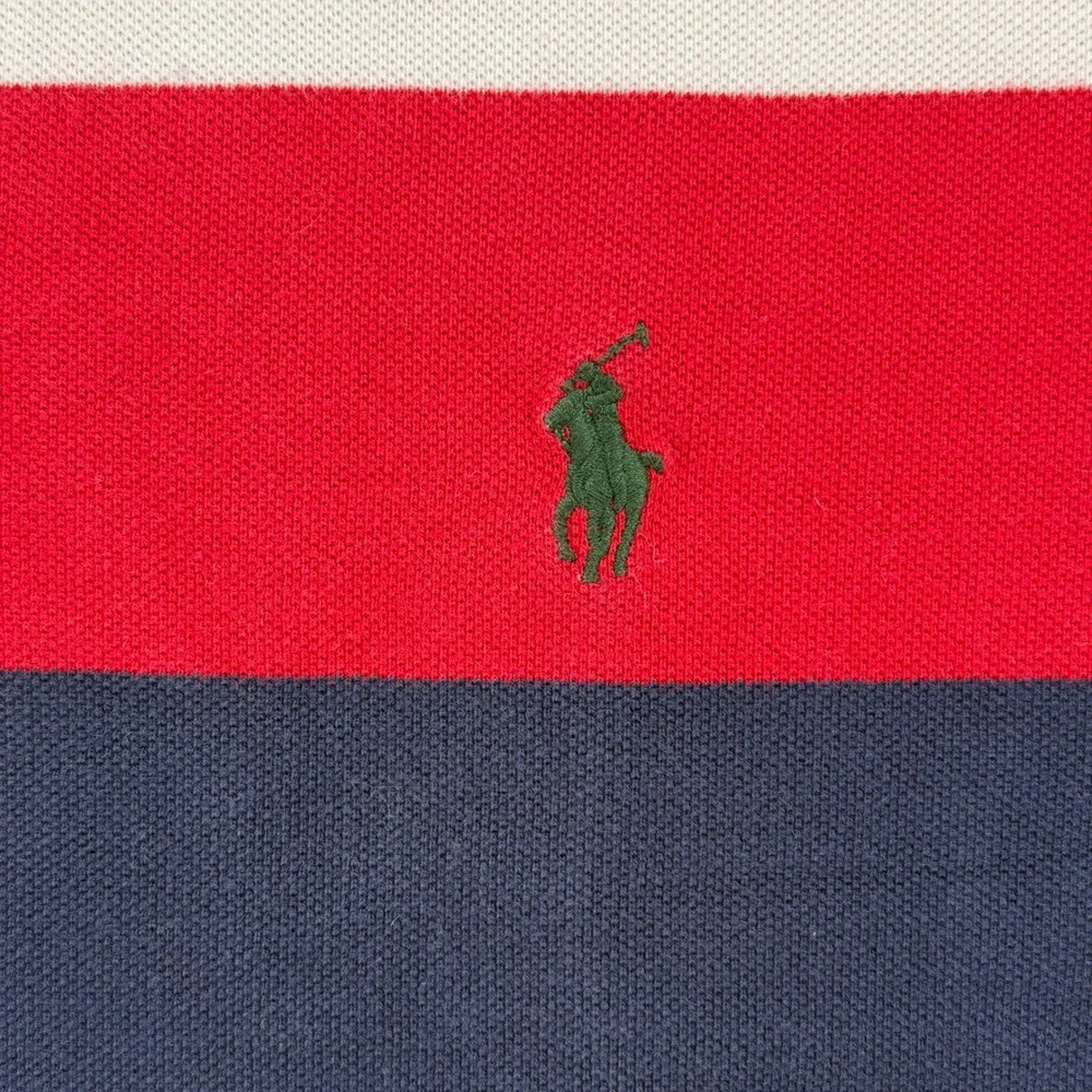 Polo Ralph Lauren Polo Shirt Mens M Red Navy Blue Striped Short Sleeve Pique
